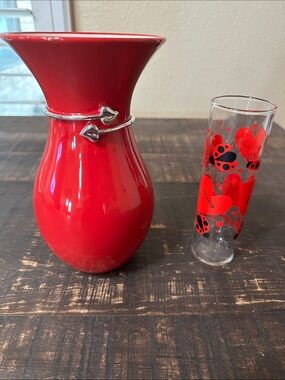 Red Ceramic Vase with Silver Wrap Accent and Glad Heart / Ladybug Vase